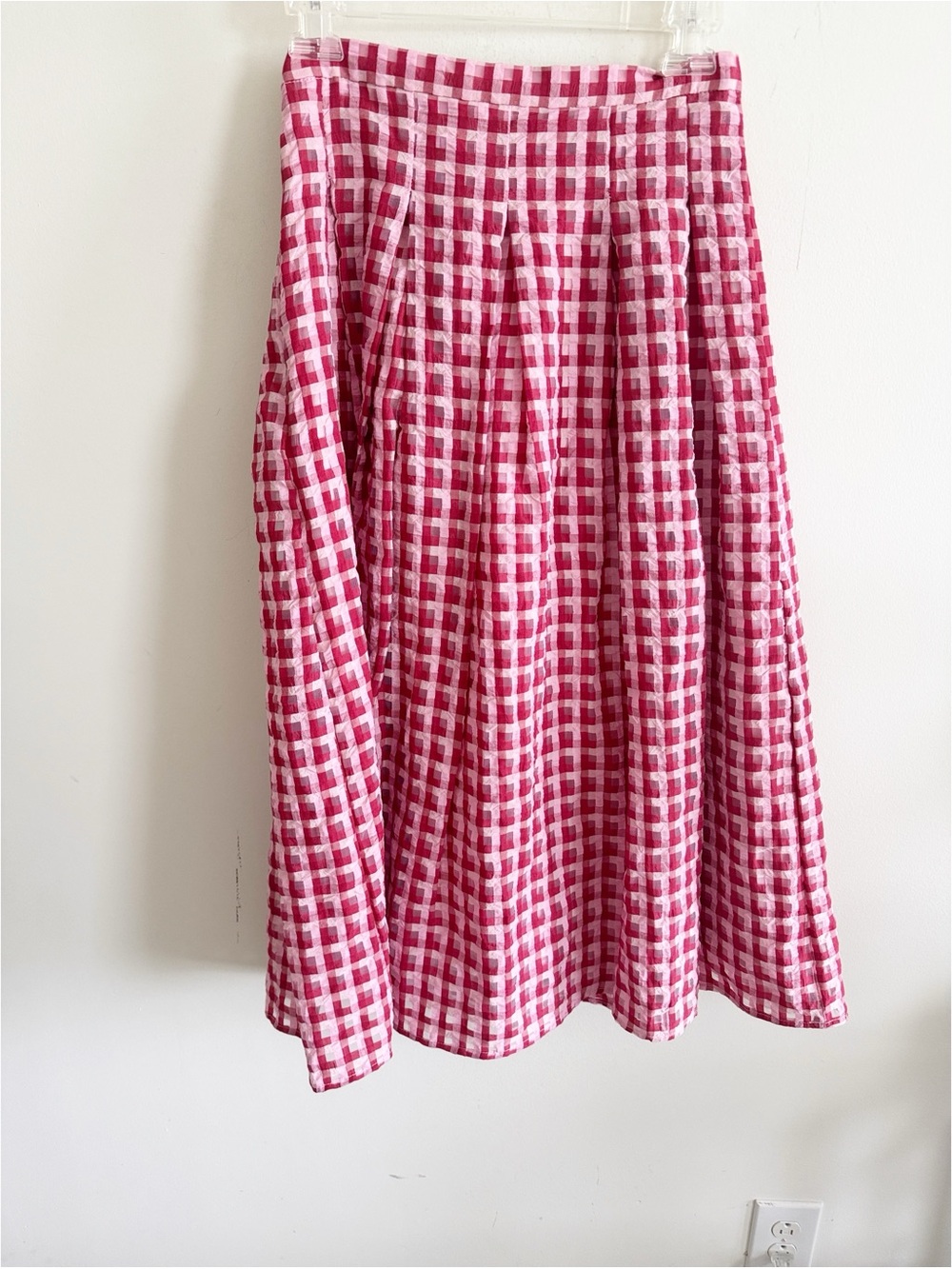 Anthro Eva Franco red pink cottagecore preppy Textured Plaid Midi Skirt size 4 - Picture 6 of 9